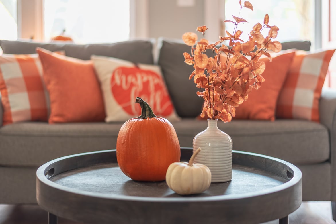 Closeup of fall home decor in orange and gray tones